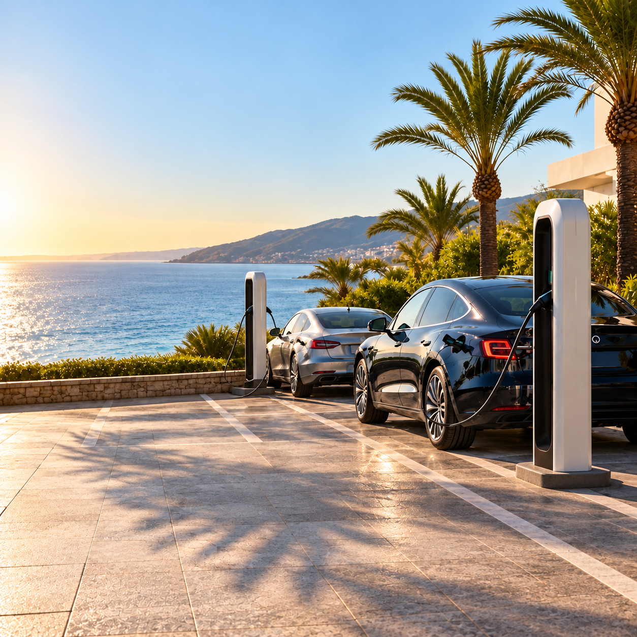 Voitures électriques en charge sur des bornes, en bord de mer sous les palmiers